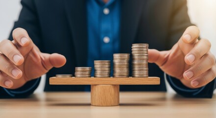 Person's hands protecting stacks of coins on a wooden balance scale, symbolizing financial stability.