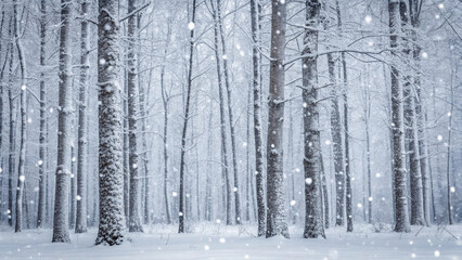 Fototapeta premium Snow-covered forest with bare trees and falling snowflakes in soft light winter