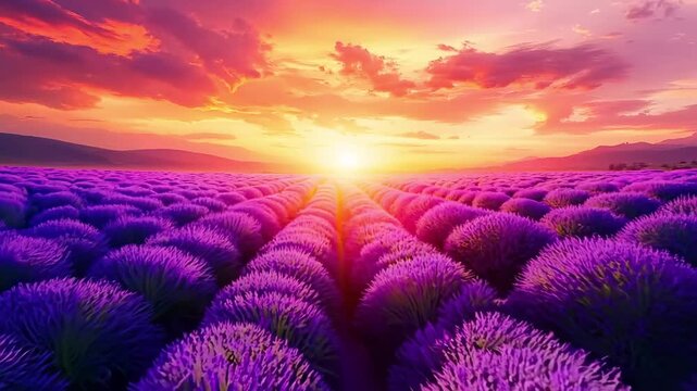 A field of lavender with a sunset in the background