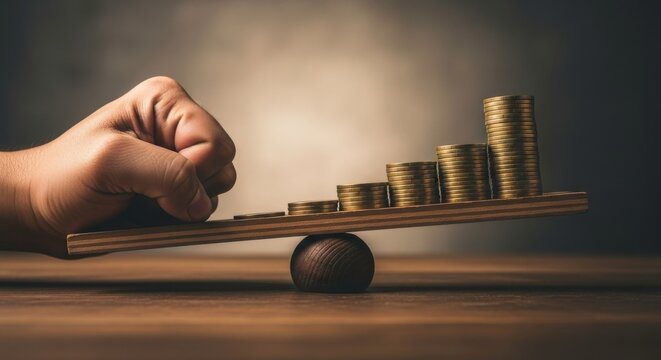 A hand is shown pushing down on one side of a wooden balance scale, causing the other side, laden with stacks of coins, to rise.