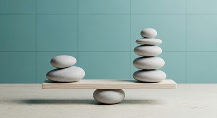 Conceptual image of balanced stones on a wooden plank, representing equilibrium and inner peace.