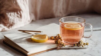 wellness journal and herbal tea drink placed on marble surface
