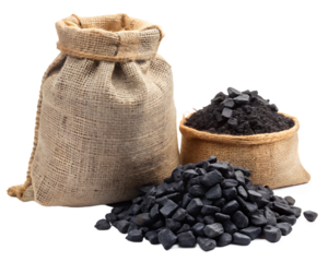 Coal: Burlap Sack & Lump Coal Pile - Energy Resource isolated on white background ,PNG. AI Generated.