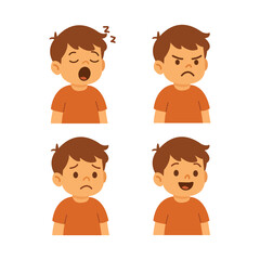 Set of cartoon boy facial expressions showing emotions: sleepy, angry, sad, and happy. Perfect for education, emotion icons, children’s illustration, character design, and psychology projects.
