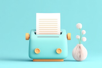 Minimalist styled scanner with paper and flowers in a pastel blue setting, soft shadows and a modern, clean aesthetic, lighthearted, whimsical feel