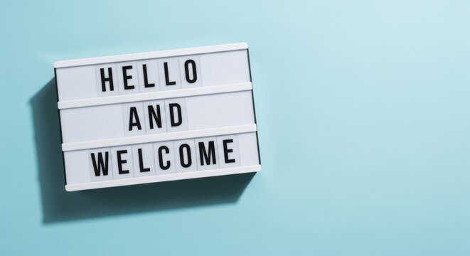White lightbox with 'Hello and Welcome' message on a blue background. - Powered by Adobe