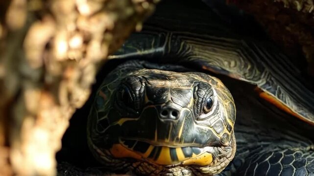 A turtle peeking out of a hole in a tree