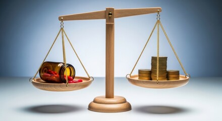 Wooden scales balancing pills and coins, representing healthcare costs.