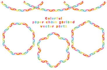 カラフルな紙の輪つなぎガーランド飾り枠セット。八角形や六角形、花形フレームなどを含むクラフト風のベクター素材。白背景や透明背景で利用可能な、誕生日やイベント、学校行事の装飾に最適なデザインパーツ集｜八角形,六角形,花形,フレーム,ベクター