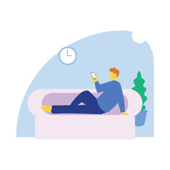 Flat design illustration of man relaxing at home using smartphone vector