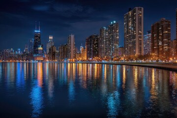 Naklejka premium City Skyline Illuminated Reflecting on Lake at Night