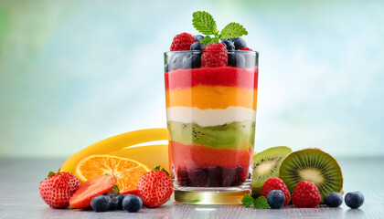multi layered fruit smoothie in a glass