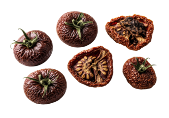 Dried, shriveled dark maroon tomatoes, textured, wrinkled, torn, on a transparent background with soft studio light, concept of forgotten agricultural processes