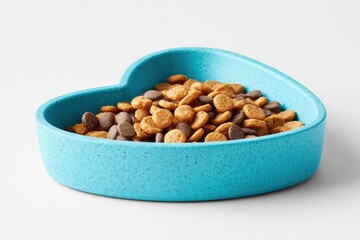 Heart-shaped Turquoise Dog Bowl Full of Brown and Tan Kibble, Studio Shot on White, Minimalist Style, Pet Food