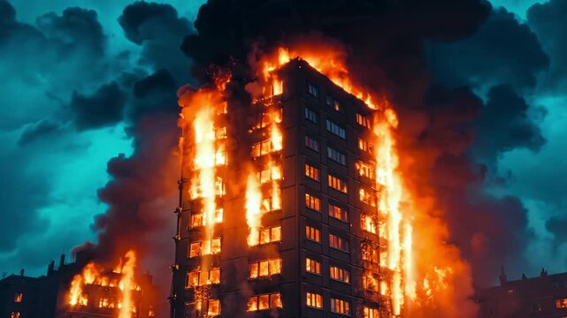 A tall building is engulfed by flames and smoke
