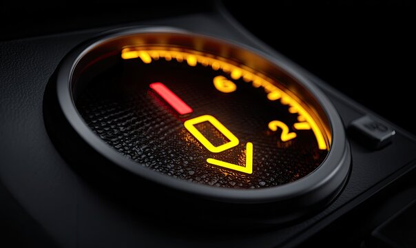Close-up of illuminated gauge showing fuel level. Orange glow highlights the needle and markings - Powered by Adobe