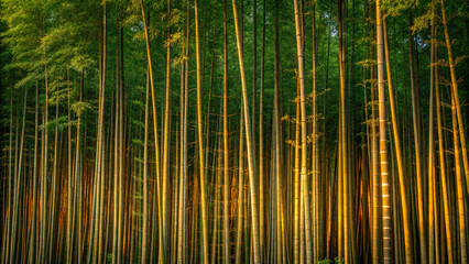 Tall Bamboo Stalks Bathed in Warm Golden Light in a Dense Grove forest nature