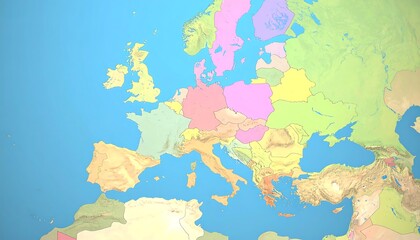 Pastel-colored map of Europe, showing countries' borders and terrain