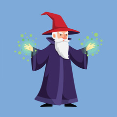 Wizard Casting Magic Spells Against a Blue Background Illustration