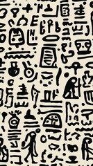 Stylized Egyptian Hieroglyphs, Black and White Seamless Pattern, Minimalist Art, Ancient Civilization, Historical Design, Vector, Monochrome