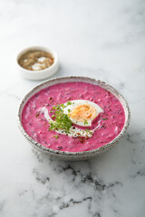 Cold beetroot soup with hard boiled egg