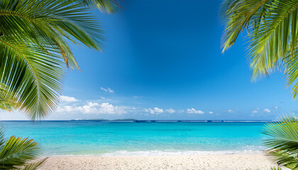 Fototapeta premium tranquil tropical beach scene with clear blue water gentle waves and lush green palm leaves framing sandy shoreline
