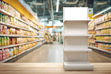 Fototapeta premium Empty store display shelves in supermarket aisle with blurred background