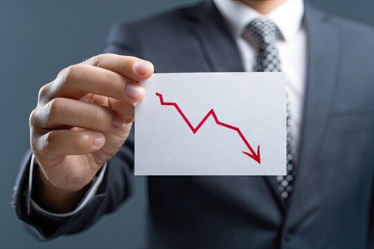 Close-up of a person in a suit holding a card showing a hand-drawn red line graph sharply declining, symbolizing economic downturn or market crash