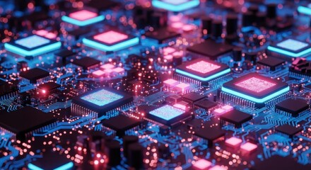 A closeup view of a complex electronic circuit board with glowing blue and red processors and intricate connections