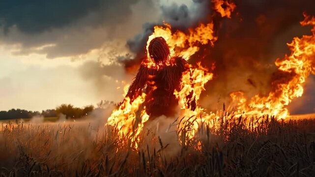 A man standing in a field of fire in the middle of a field