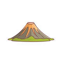Cartoonish volcano atop lush green land evokes childhood adventure and land formation, creating an inviting illustration of nature