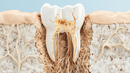 Tooth anatomy illustration showing roots and surrounding structures.