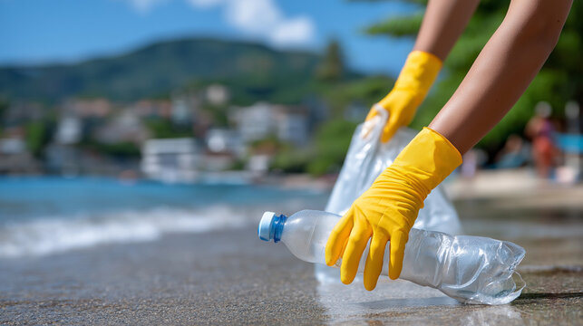 Beach Cleanup Volunteer Collecting Plastic Waste at Sandy Beach