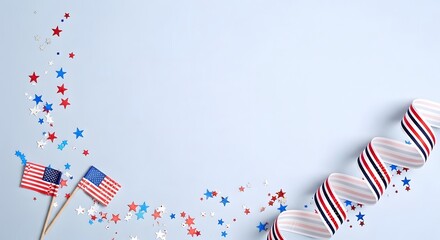 Obraz premium Festive arrangement of american flags and red, white, and blue star confetti scattered across a light blue background, with a ribbon border