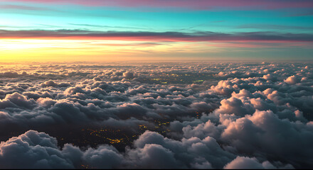 Breathtaking aerial view of a vast sea of fluffy white clouds illuminated by a vibrant golden sunrise and colorful sky
