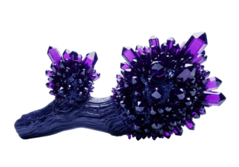 Gnarled indigo obsidian-like branch with dense deep violet glowing crystals, centered on a transparent background, dramatic studio lighting, backlighting enhances glow, concept of cosmic mystery