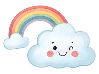 Joyful cartoon cloud winks beside a vibrant rainbow, perfect for cheerful designs, Isolated on white background.
