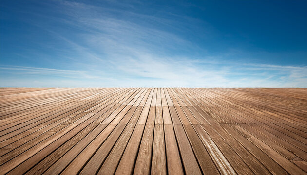 a serene wooden deck extends into the distance under a bright clear sky isolated on transparent background