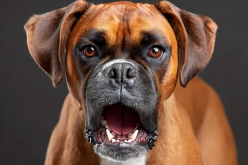 Portrait of barking boxer dog showing teeth on dark background