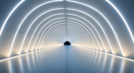 Naklejka premium Futuristic tunnel with glowing white neon light arcs and dark exit