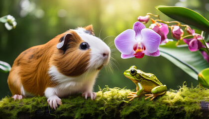 guinea pig and frog encounter delicate orchid in detailed jungle scene