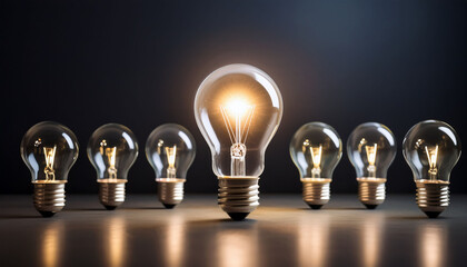 illuminated light bulb standing out among unlit bulbs symbolizing innovation and leadership in a creative business concept on a dark background