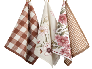 Charming kitchen towels with floral and gingham patterns add cozy elegance to your home decor, Isolated on white background.