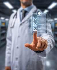 A doctor in white coat touching a futuristic digital interface with check marks and clipboard with medical cross icon, representing healthcare technology, diagnosis checklist, and medical innovation