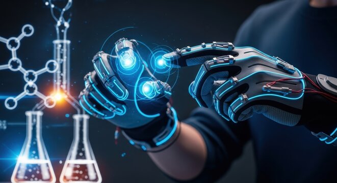 Futuristic robotic hand interacting with glowing blue digital interface in a science laboratory with molecular structures and beakers