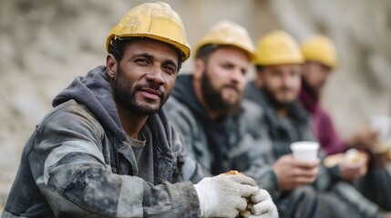 Fototapeta premium Construction workers taking a lunch break together