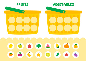 Fototapeta premium Shopping cart matching game for kids with food. Cute cartoon market game.