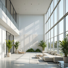 Modern Minimalist Living Room Interior with Large Windows and Indoor Plants
