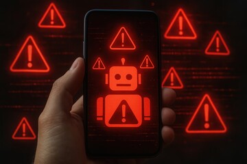 Person holding smartphone displaying red ai robot surrounded by warning signs concept of digital danger