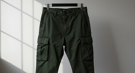 Stylish Olive Green Cargo Pants Displayed on a Hanger with Shadow Play and Texture